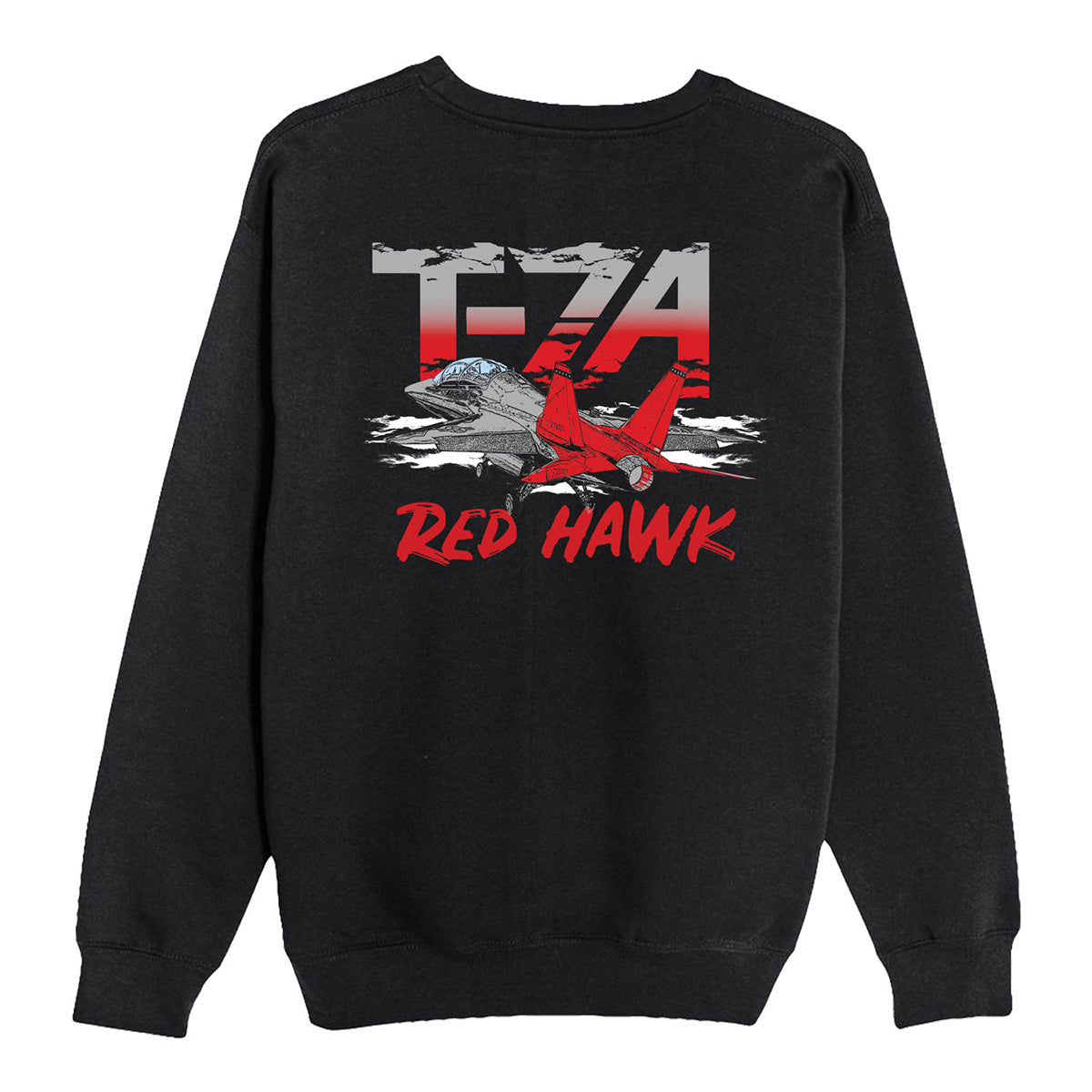 The Boeing T-7A Red Hawk Unisex Graphic Crewneck Sweatshirt by BOEING features a black design with a gray and red airplane, red clouds, and bold T-7A Red Hawk text on the back.