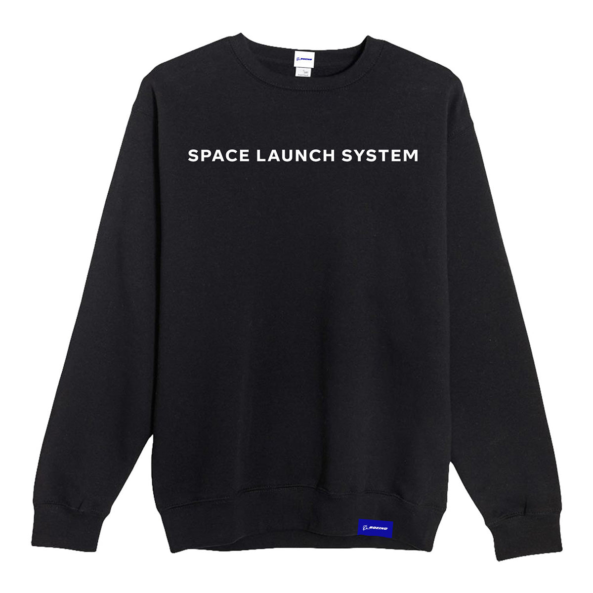 Black Boeing SLS Artemis II Unisex Graphic Crewneck Sweatshirt with white text printed across the chest and a small blue tag near the hem.