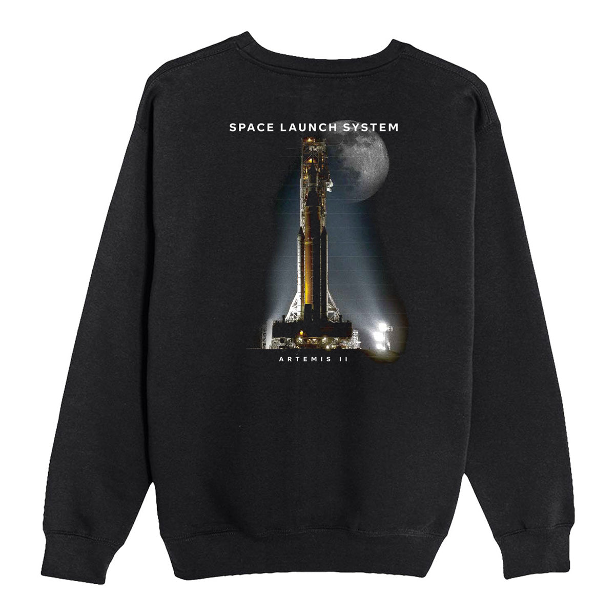 Black Boeing SLS Artemis II Unisex Graphic Crewneck Sweatshirt featuring a graphic of a Space Launch System rocket on a launchpad with the moon in the background and the text ARTEMIS II.