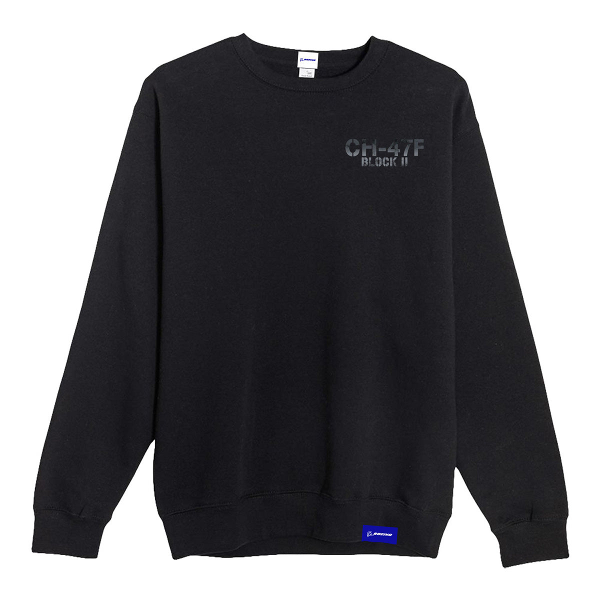 Black Boeing CH-47F Block II Unisex Graphic Crewneck Sweatshirt featuring BLOCK II printed on the upper left chest and a small blue brand label on the lower front hem.