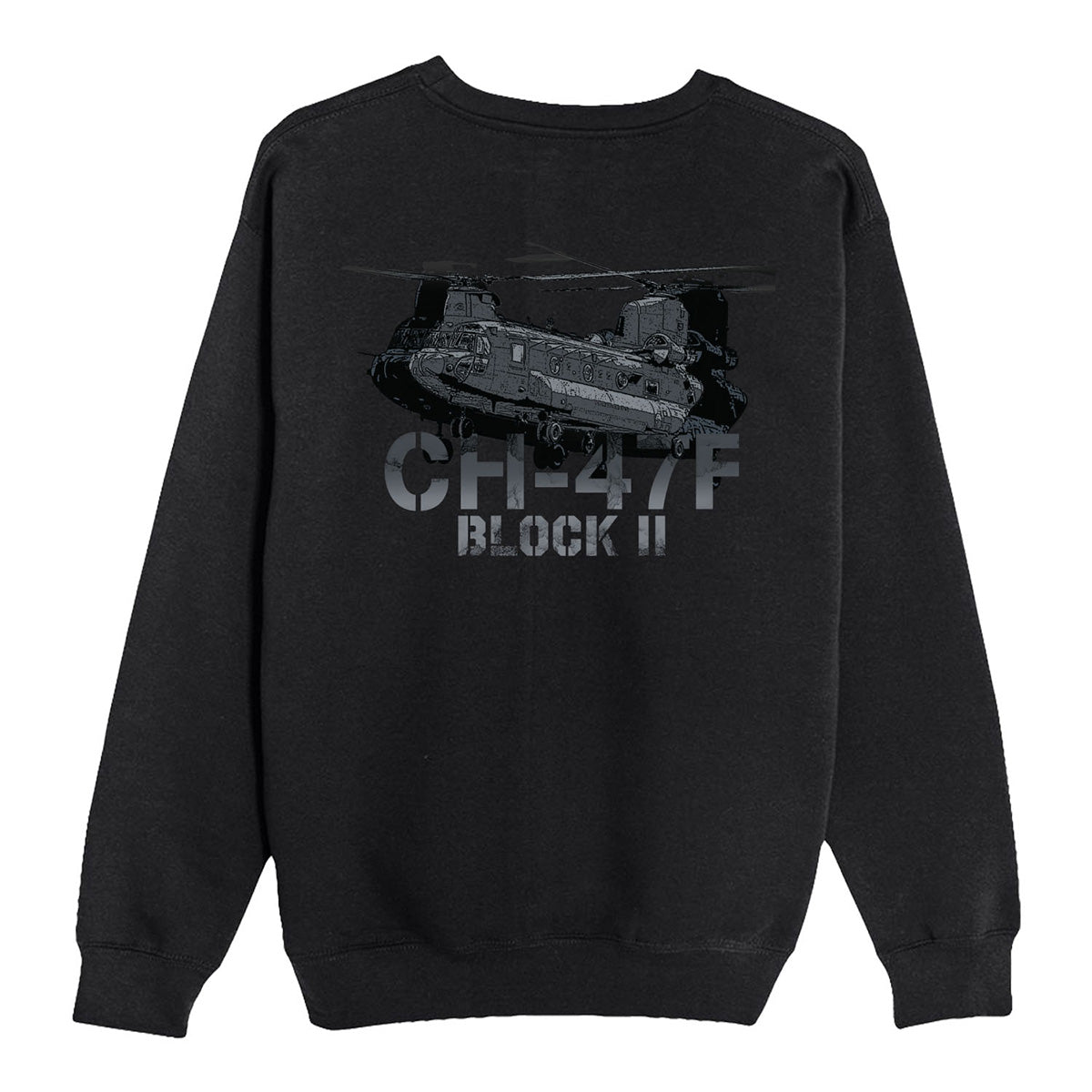 Black Boeing CH-47F Block II Unisex Graphic Crewneck Sweatshirt featuring a graphic of a tandem-rotor helicopter above the text CH-47F BLOCK II.