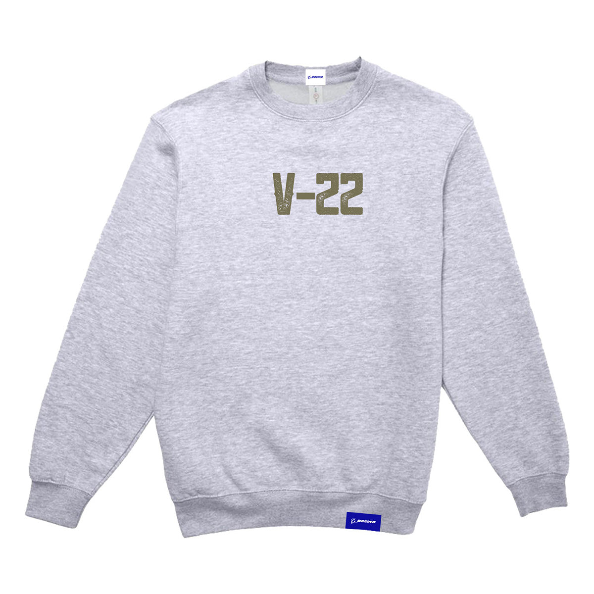 The Boeing V-22 Osprey Unisex Graphic Crewneck Sweatshirt by BOEING features olive green V-22 block letters on light gray and a small blue tag on the right hem—ideal for aviation fans.