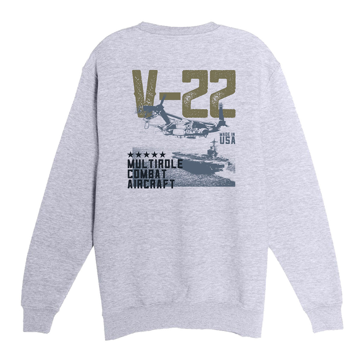 The Boeing V-22 Osprey Unisex Graphic Crewneck Sweatshirt by BOEING features a bold V-22 graphic and text, plus MADE IN USA and MULTIROLE COMBAT AIRCRAFT on the back—ideal for aviation fans.