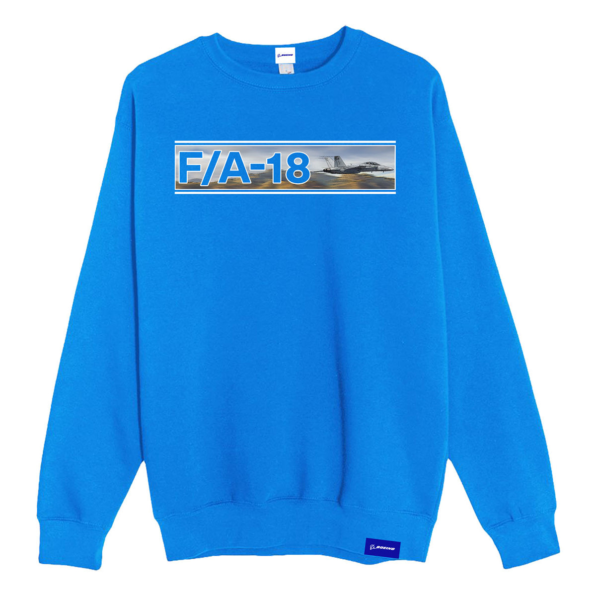 The Boeing F/A-18 Super Hornet Unisex Graphic Crewneck Sweatshirt by BOEING features a bold rectangular jet graphic and lettering printed across the chest.