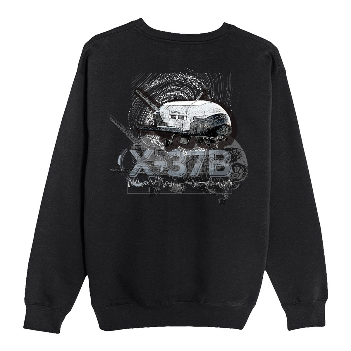 BOEING Boeing X-37B Orbital Test Vehicle Unisex Graphic Crewneck Sweatshirt for aviation fans, featuring a spaceplane graphic with abstract circular and waveform designs in white and gray.
