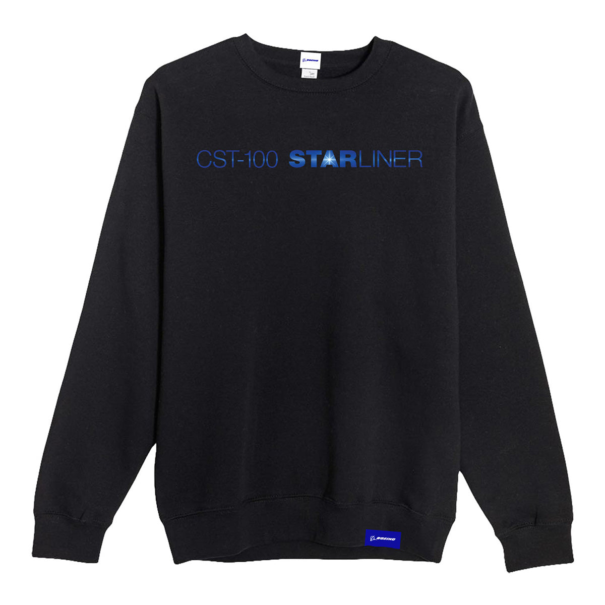 The Boeing CST-100 Starliner Unisex Graphic Crewneck Sweatshirt by BOEING is black with blue CST-100 STARLINER text and a small blue Boeing logo tag near the bottom hem.