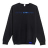 The Boeing CST-100 Starliner Unisex Graphic Crewneck Sweatshirt by BOEING is black with blue CST-100 STARLINER text and a small blue Boeing logo tag near the bottom hem.