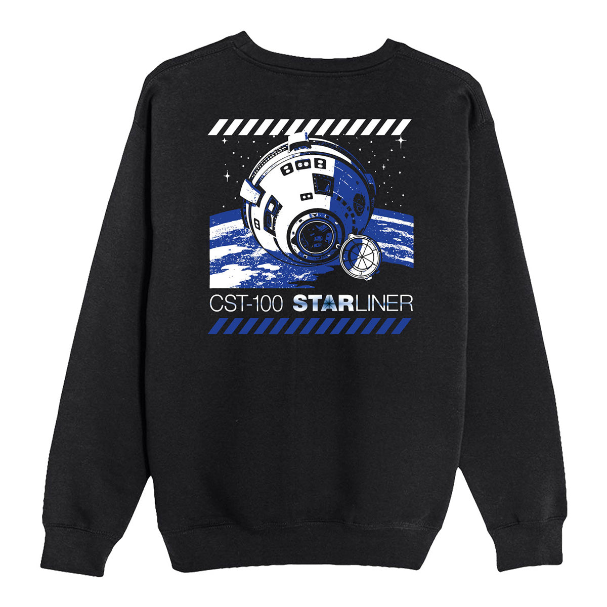 The Boeing CST-100 Starliner Unisex Graphic Crewneck Sweatshirt from BOEING features the CST-100 Starliner spacecraft in space with stars, blue stripes, and CST-100 STARLINER text below the graphic.