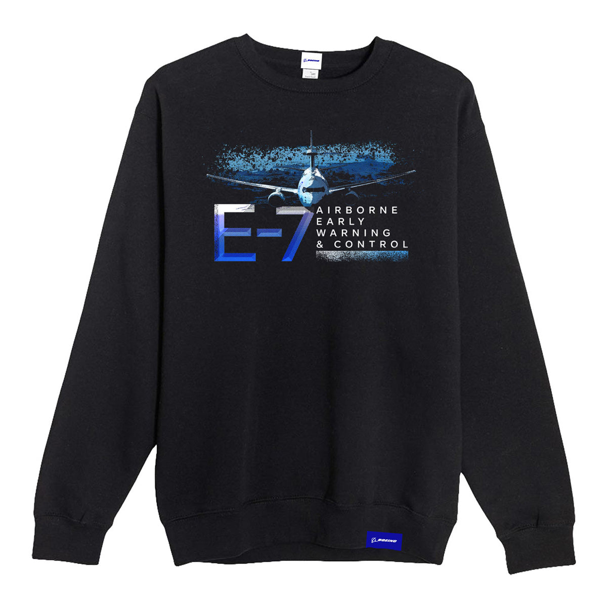 The Boeing E-7 Wedgetail Unisex Graphic Crewneck Sweatshirt by BOEING features an E-7 airplane image and blue E-7 Airborne Early Warning & Control text, plus a Boeing logo on the hem—ideal for aviation fans.