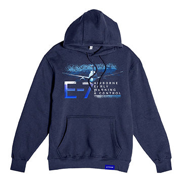 The Boeing E-7 Wedgetail Unisex Graphic Hoodie by BOEING features a front-pocket navy blue design with an E-7 Wedgetail illustration and E-7 Airborne Early Warning & Control text on the chest.