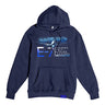 The Boeing E-7 Wedgetail Unisex Graphic Hoodie by BOEING features a front-pocket navy blue design with an E-7 Wedgetail illustration and E-7 Airborne Early Warning & Control text on the chest.