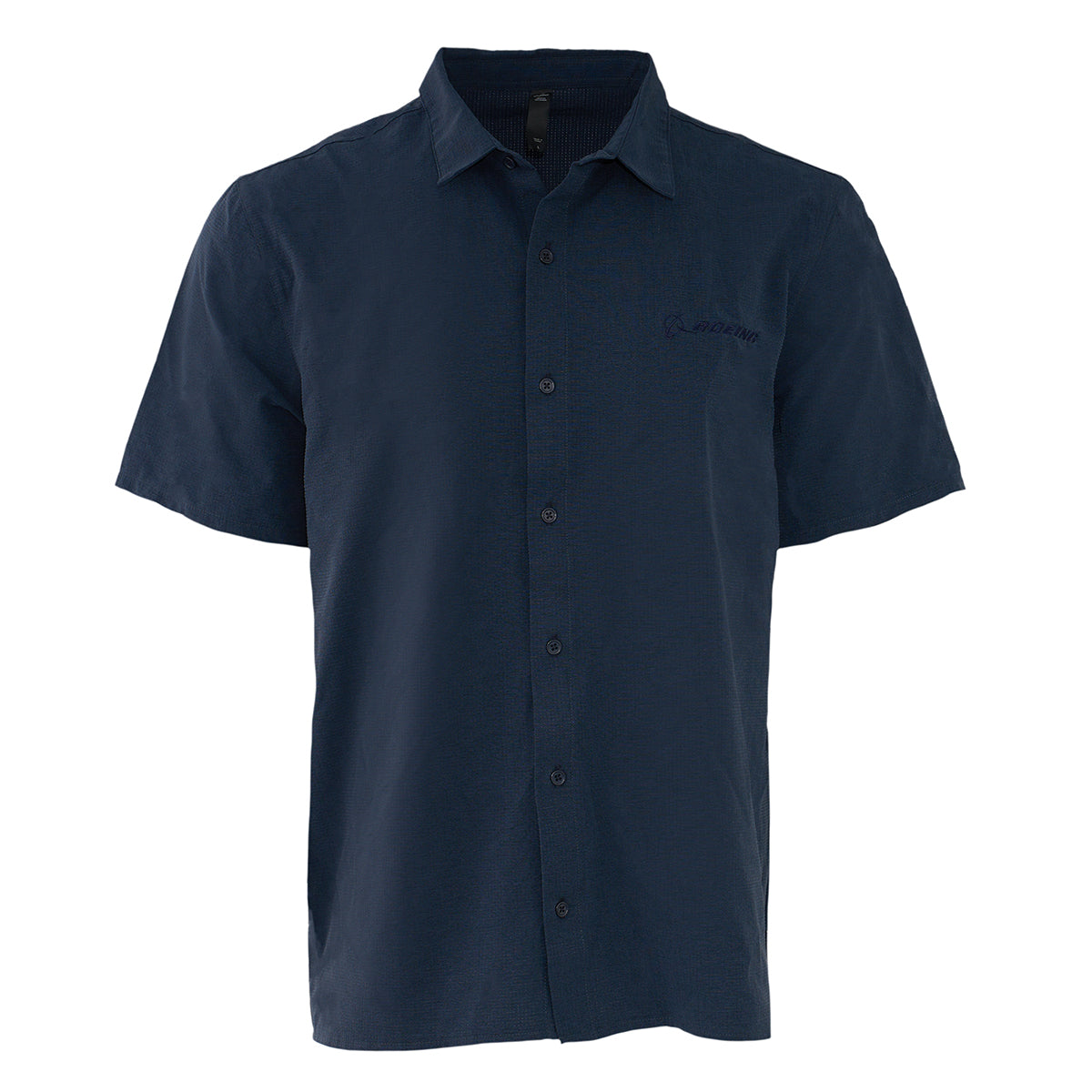 The BOEING Glyder Boeing Men’s Zephyr Shirt is a classic navy button-up with short sleeves and a collar, made from stretch-woven fabric and shown on a white background.