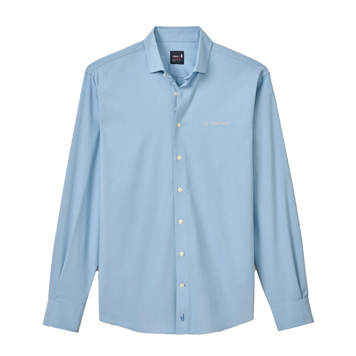 The johnnie-O Boeing Men’s Travis Performance Button Down Shirt by BOEING is light blue with long sleeves, a collar, white buttons, moisture-wicking fabric, and an embroidered logo on the left chest, shown on a plain white background.