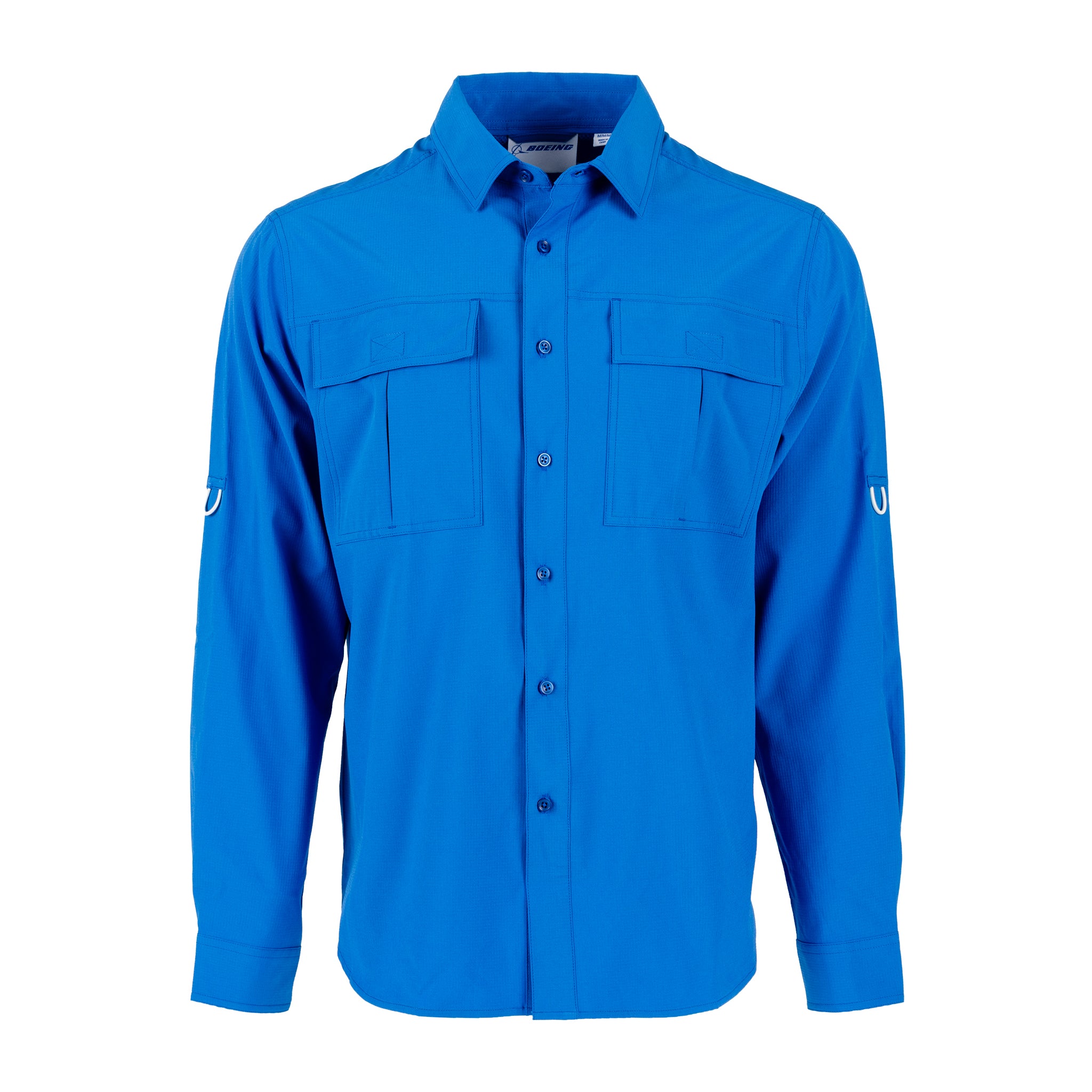 The Boeing Signature Logo Men’s Long Sleeve Utility Shirt by BOEING is a bright blue button-up men’s shirt featuring long sleeves, two front chest pockets, and a classic collar, shown on a plain white background.