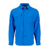 The Boeing Signature Logo Men’s Long Sleeve Utility Shirt by BOEING is a bright blue button-up men’s shirt featuring long sleeves, two front chest pockets, and a classic collar, shown on a plain white background.