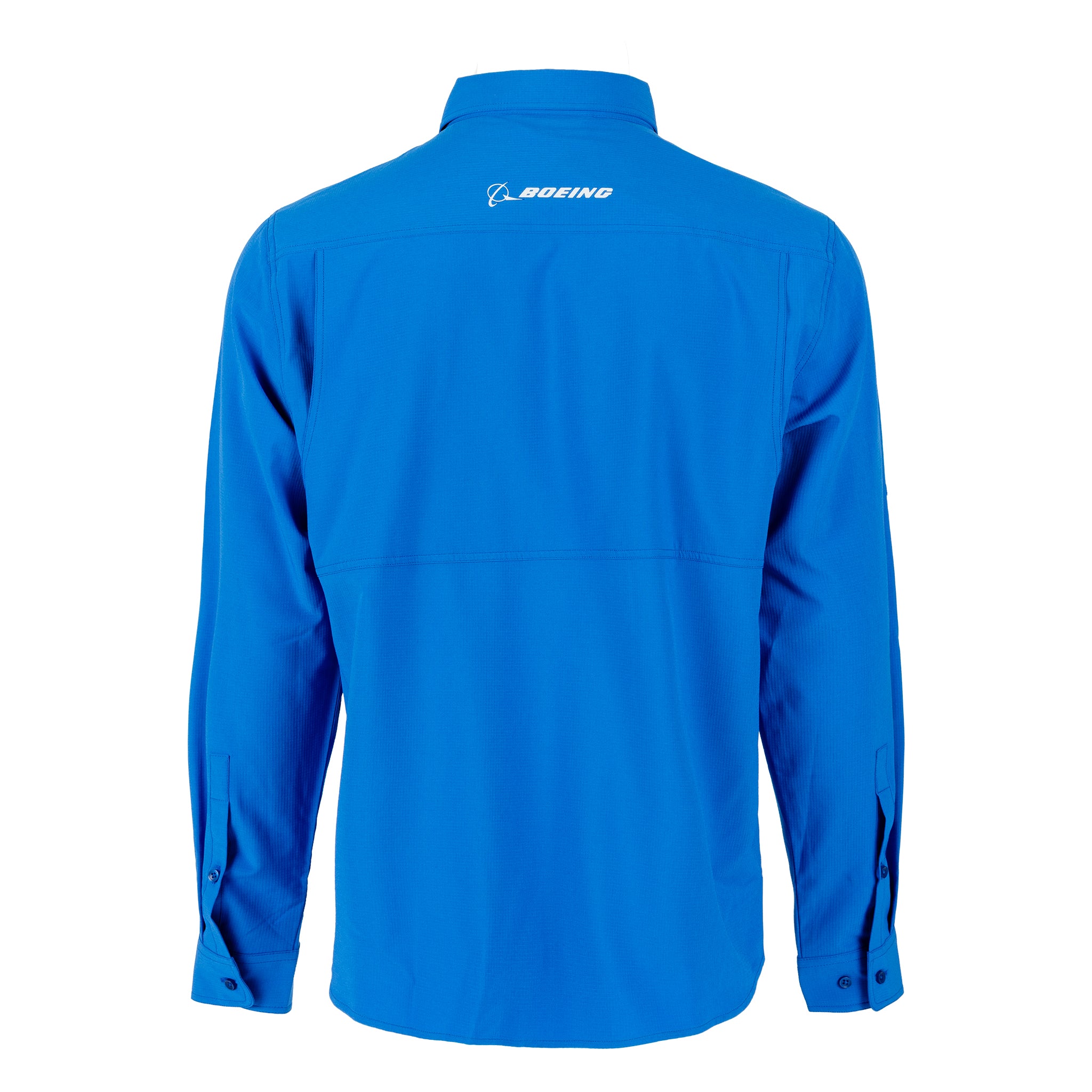 The Boeing Signature Logo Men’s Long Sleeve Utility Shirt by BOEING is shown in bright blue from the back, with the white Boeing logo displayed below the collar. Crafted with quick-dry stretch fabric and offering UPF 50+ sun protection, this men’s utility shirt blends signature style with practical functionality.