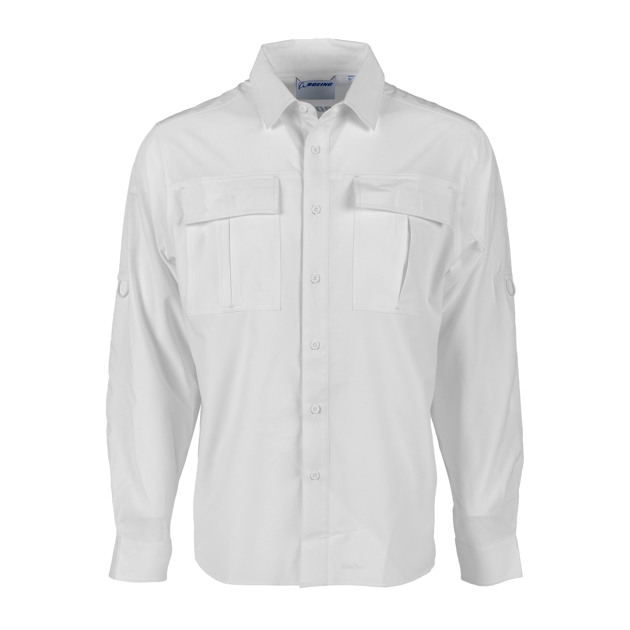 A BOEING Signature Logo Men’s Long Sleeve Utility Shirt, featuring a classic white design with a collar, two front chest pockets, and button-up closure, is displayed on a plain white background. This shirt is crafted for versatility and functional style.