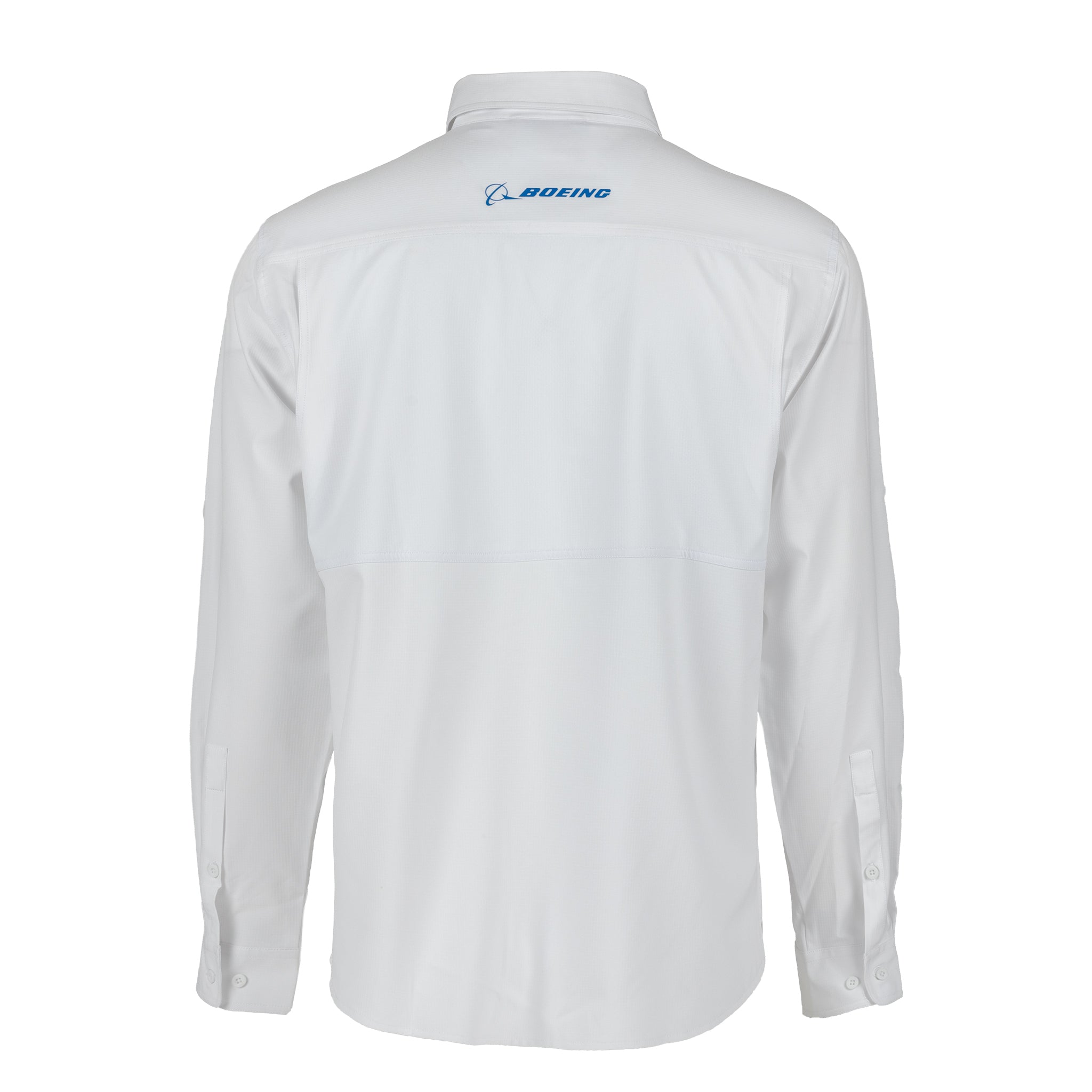 Back view of the Boeing Signature Logo Men’s Long Sleeve Utility Shirt by BOEING, showcasing long sleeves with buttoned cuffs. The upper back displays the blue BOEING wordmark and logo just beneath the collar. This shirt features UPF 50+ sun protection and quick-dry technology to enhance comfort and performance.