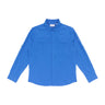 The Boeing Signature Logo Men's Long Sleeve Utility Shirt by BOEING, in bright blue with quick-dry fabric, UPF 50+ protection, and two chest pockets, is shown laid flat on a white background.
