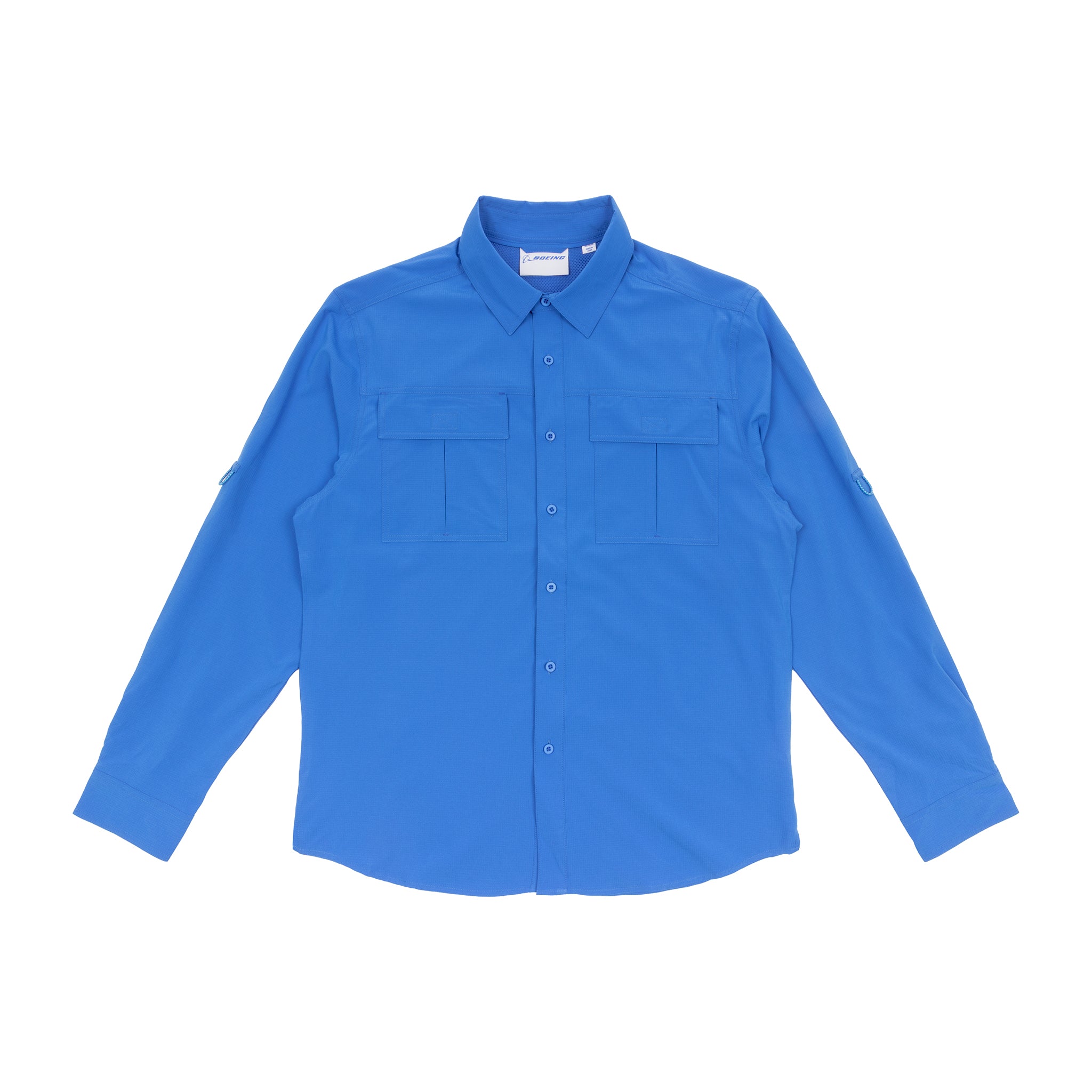 The Boeing Signature Logo Men's Long Sleeve Utility Shirt by BOEING, in bright blue with quick-dry fabric, UPF 50+ protection, and two chest pockets, is shown laid flat on a white background.