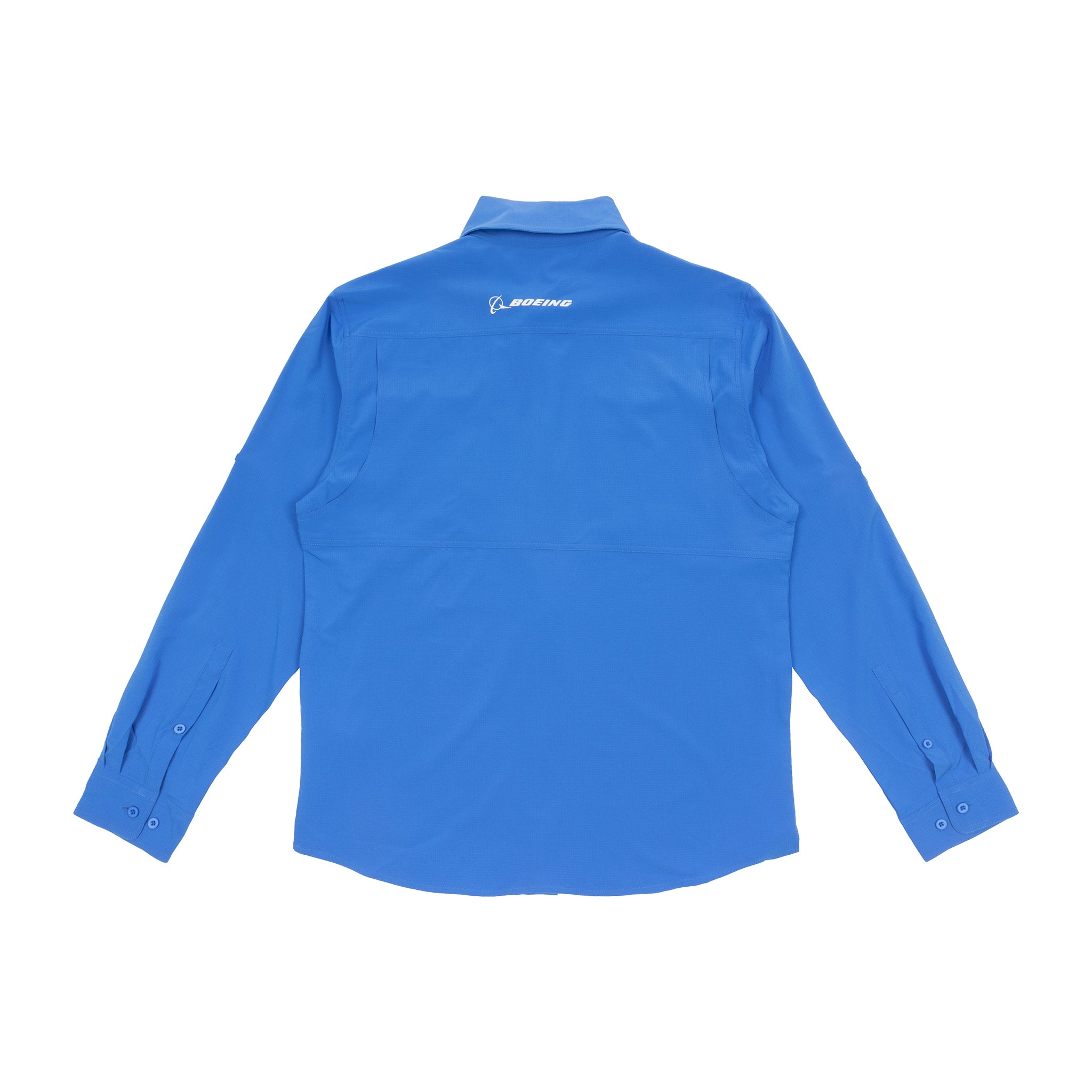 The Boeing Signature Logo Men's Long Sleeve Utility Shirt by BOEING is a blue, quick-dry, UPF 50+ button-up shown from the back, featuring a small white Boeing logo with an abstract airplane below the collar.