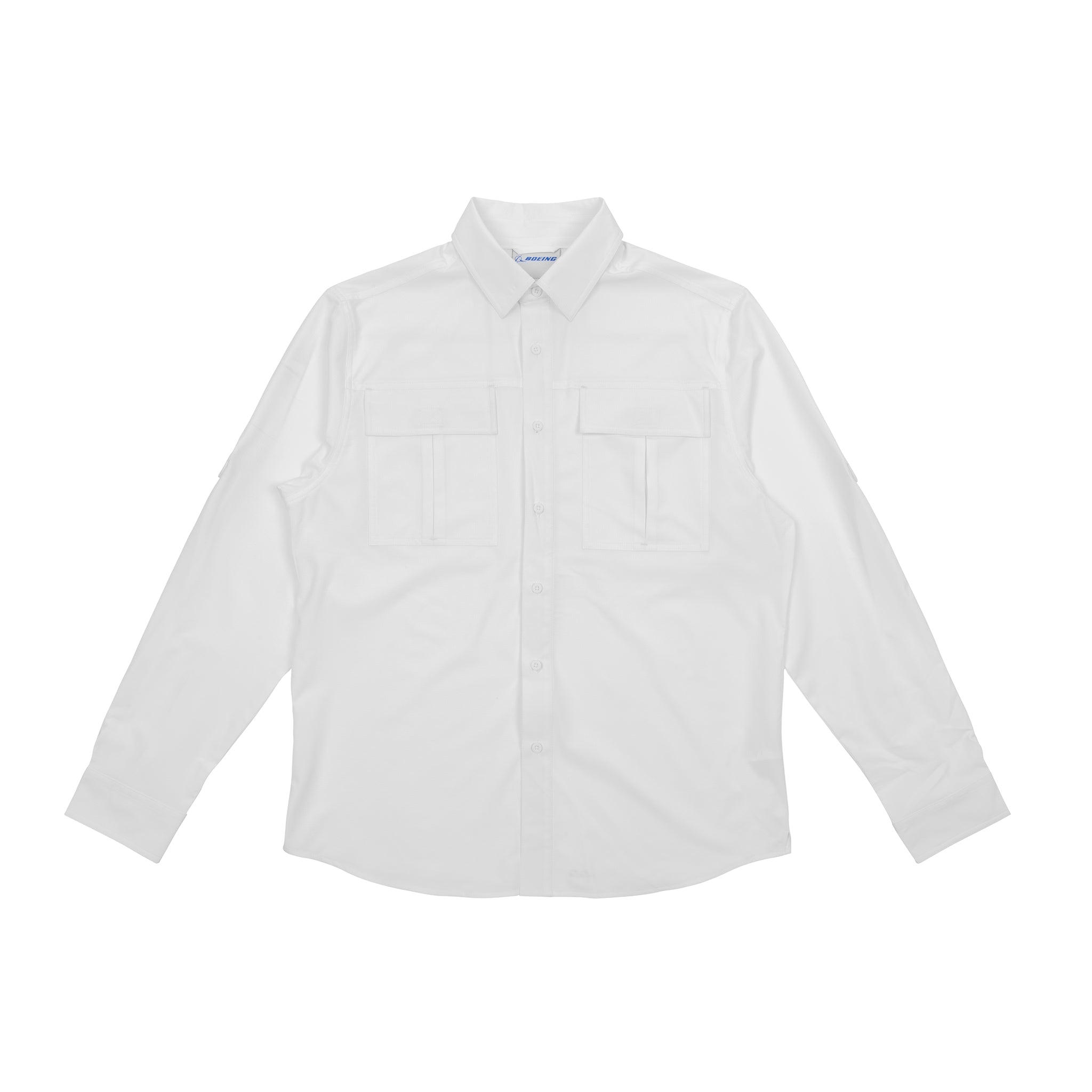 The BOEING Men's Long Sleeve Utility Shirt is a white button-up with a collar and two chest pockets, shown laid flat on a white background.