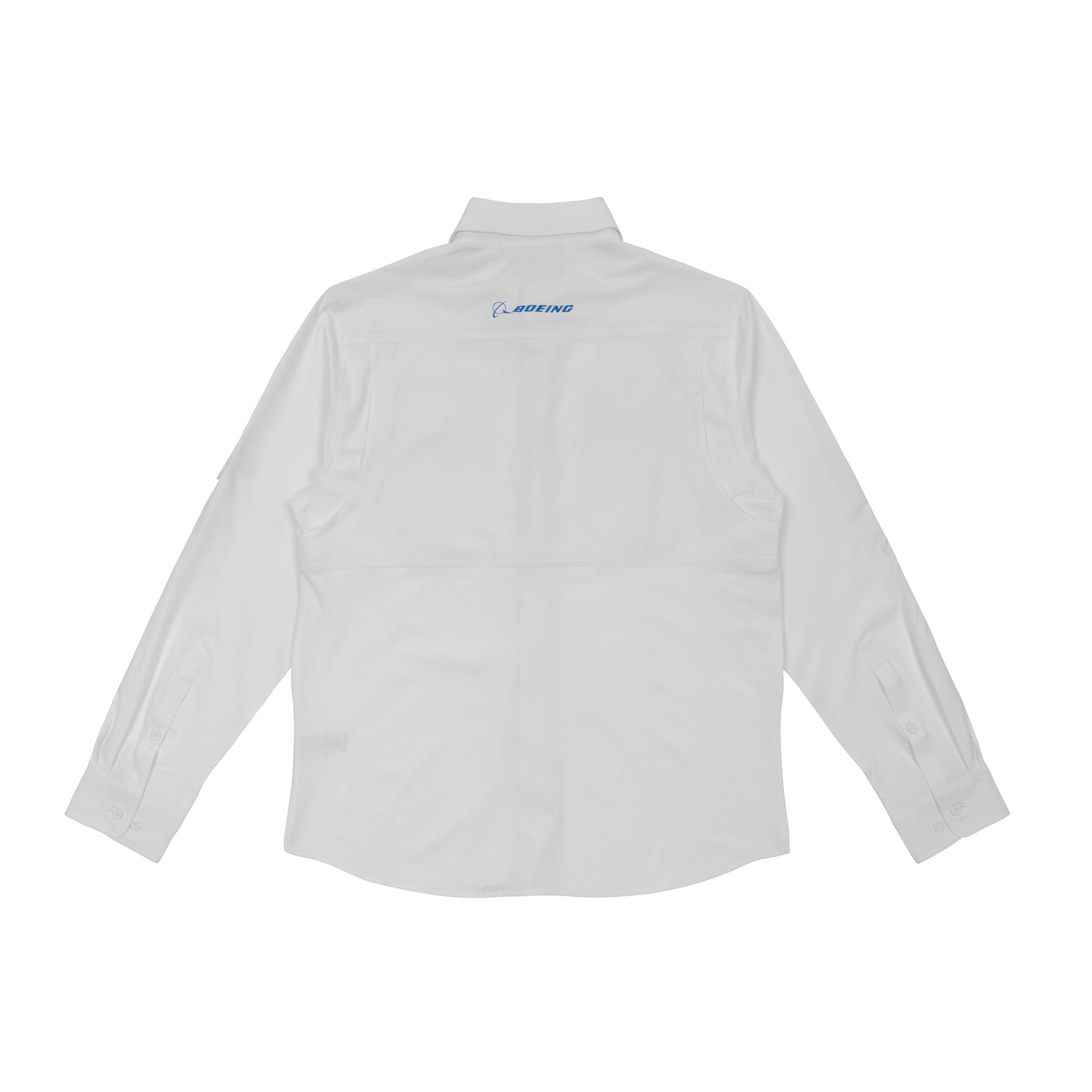 The Boeing Signature Logo Men's Long Sleeve Utility Shirt by BOEING is pictured from the back, displaying a small blue Boeing logo below the collar. This quick-dry shirt offers UPF 50+ sun protection for comfort and durability.