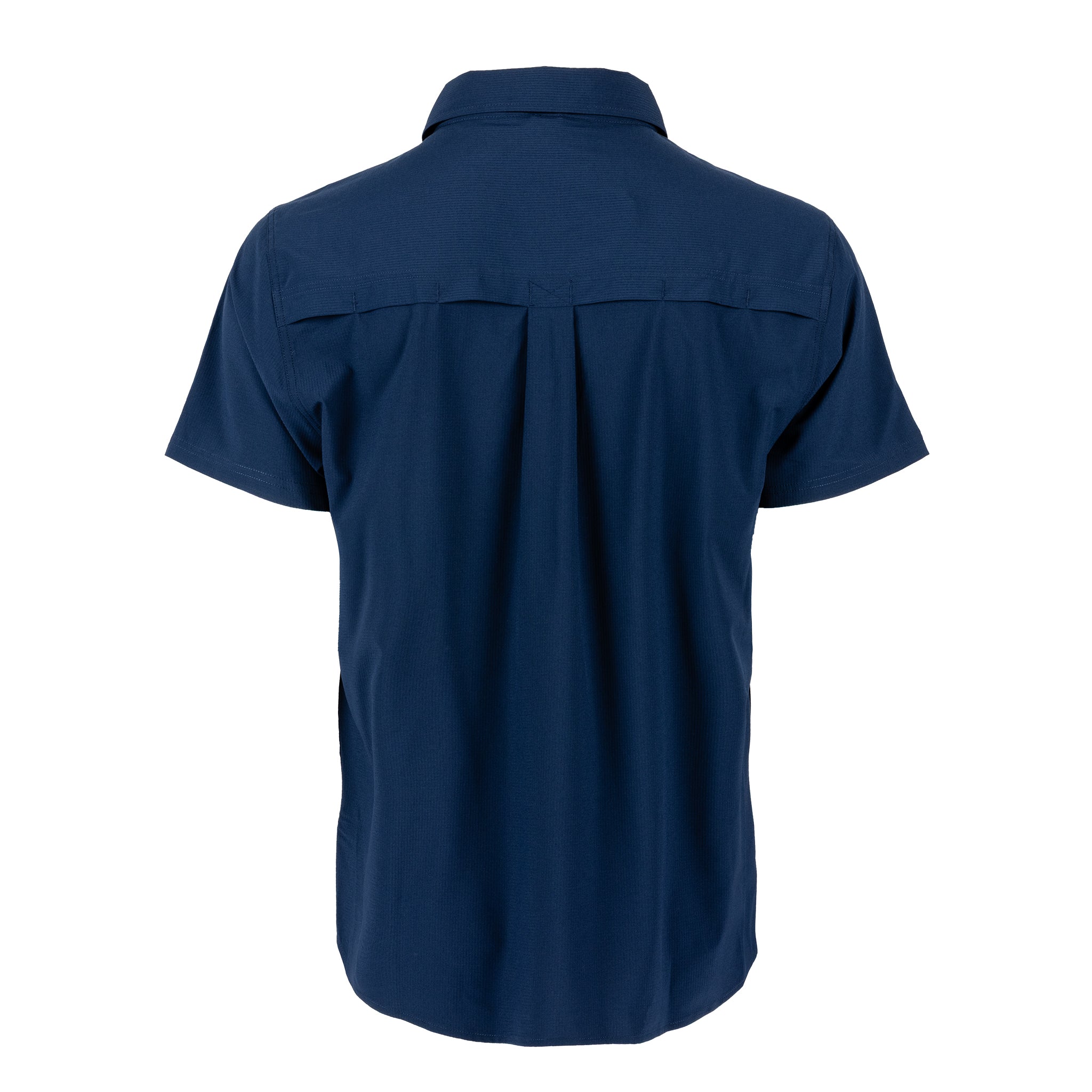 A back view of the Boeing Signature Logo Men’s Short Sleeve Utility Shirt by BOEING showcases its navy blue color, straight yoke, and center pleat. This utility shirt features quick-dry technology for lasting comfort.