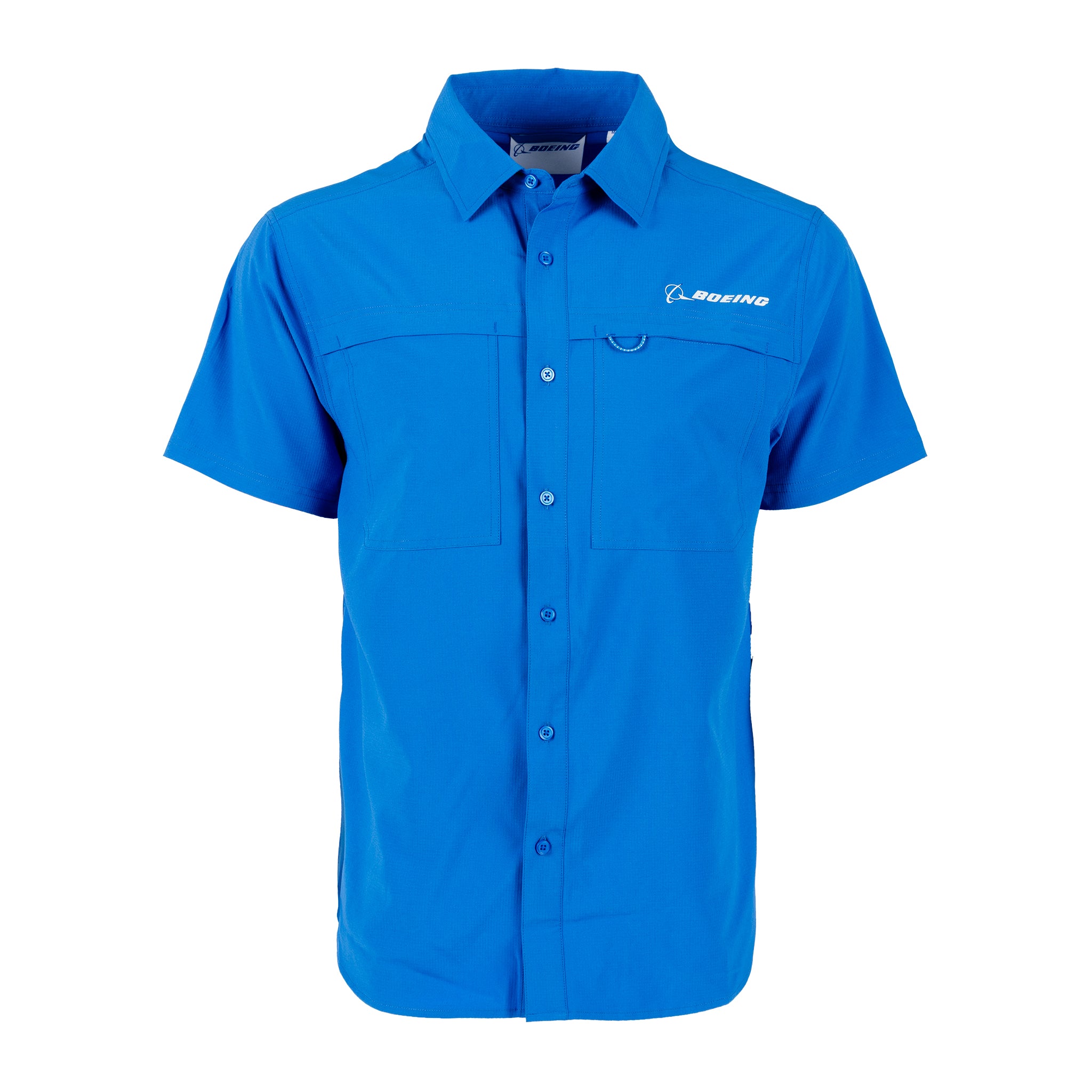 The BOEING Signature Logo Men’s Short Sleeve Utility Shirt is shown laid flat, facing forward, on a white background. This bright blue shirt features two chest pockets and the Boeing logo on the left chest, and offers quick-dry technology and UPF 50+ protection.