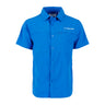 The BOEING Signature Logo Men’s Short Sleeve Utility Shirt is shown laid flat, facing forward, on a white background. This bright blue shirt features two chest pockets and the Boeing logo on the left chest, and offers quick-dry technology and UPF 50+ protection.