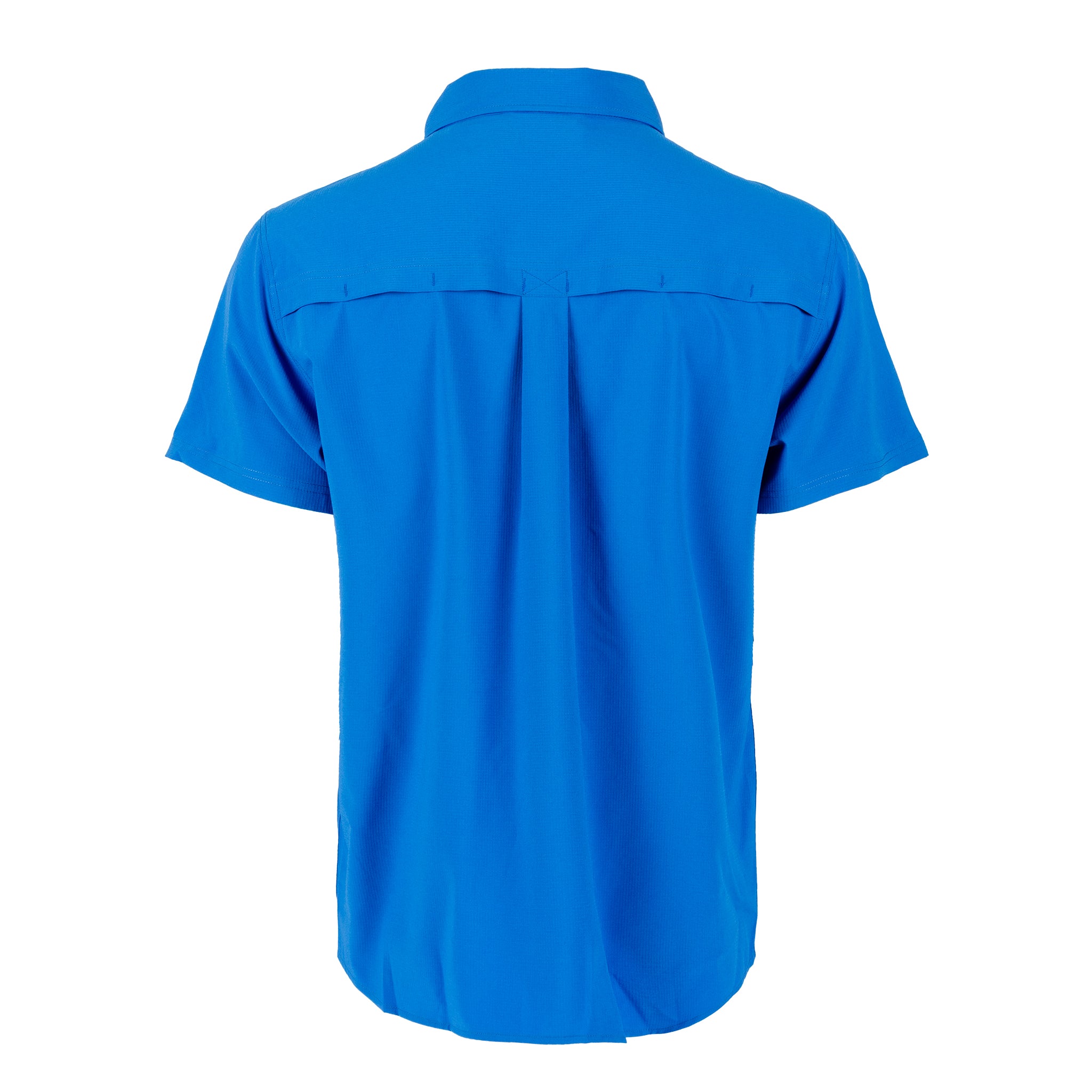 A back view of the Boeing Signature Logo Men’s Short Sleeve Utility Shirt by BOEING, in bright blue, highlights its straight yoke, central pleat, and relaxed fit—drawing inspiration from the classic Boeing utility shirt style.