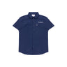 The Boeing Signature Logo Men's Short Sleeve Utility Shirt by BOEING features UPF 50+, two chest pockets, short sleeves, and an embroidered Boeing logo on the left chest. It is shown laid flat on a white background.