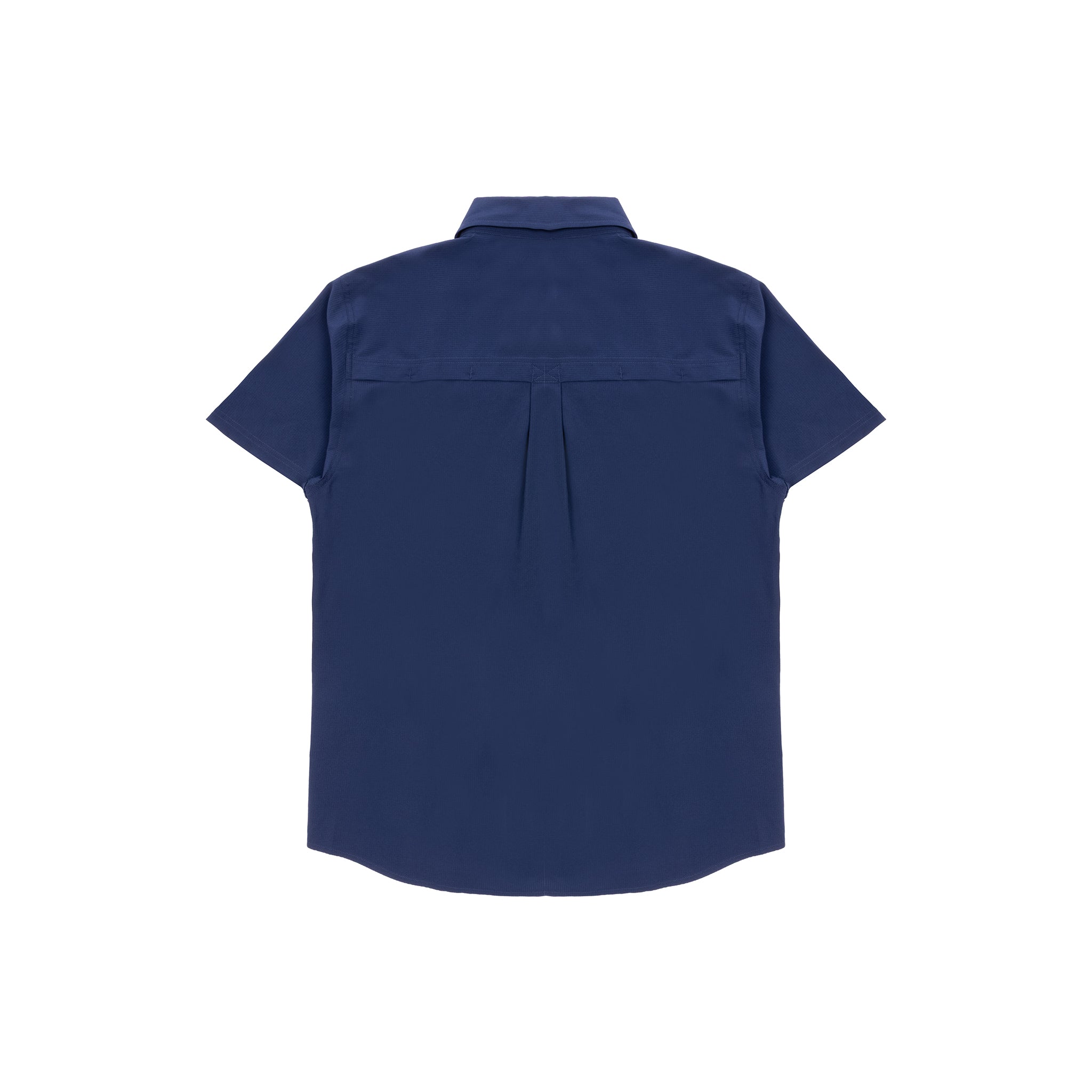 The Boeing Signature Logo Men's Short Sleeve Utility Shirt by BOEING is shown from the back in navy blue, featuring a straight yoke, box pleat, classic collar, curved hem, and UPF 50+ sun protection.