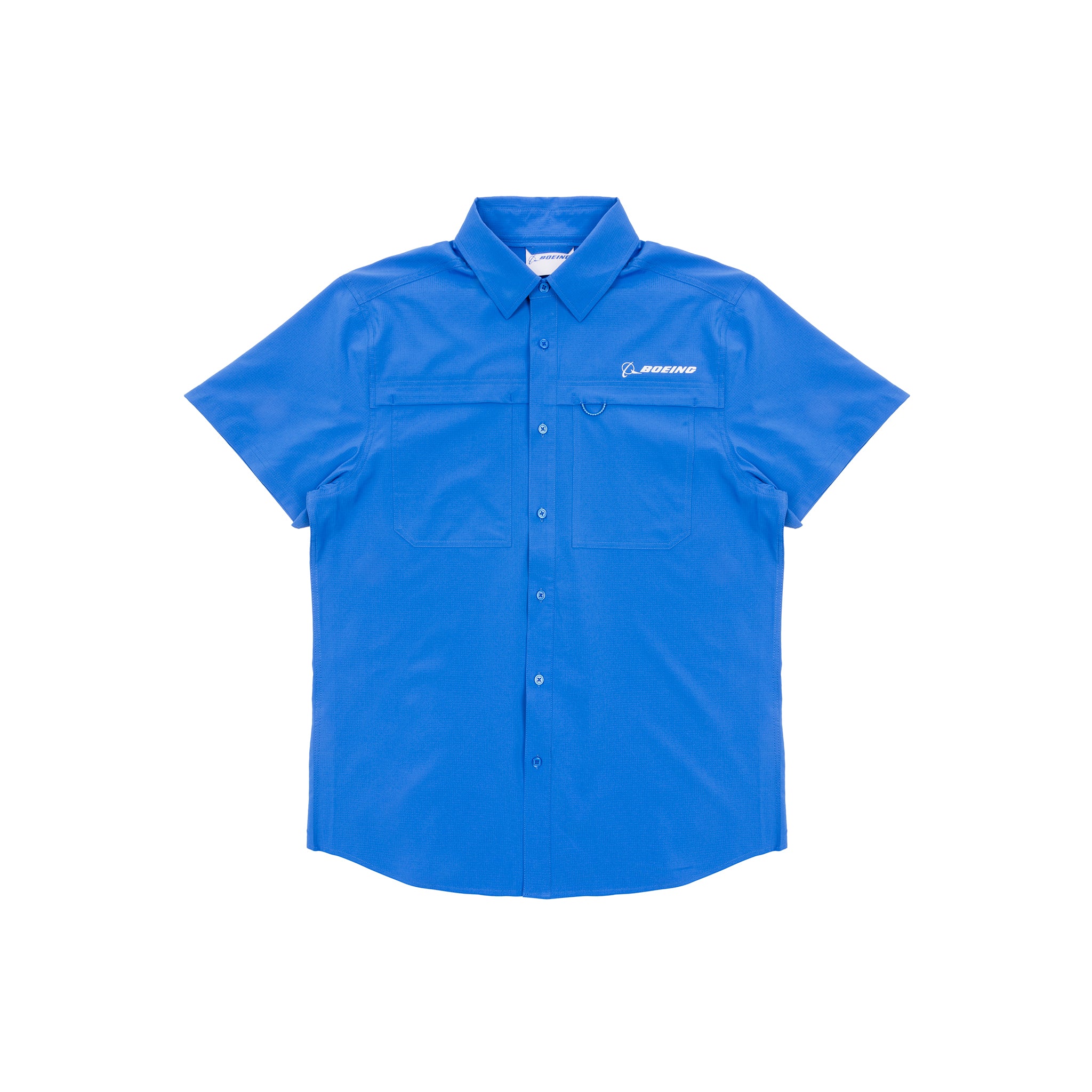 The Boeing Signature Logo Men's Short Sleeve Utility Shirt by BOEING features two front pockets, UPF 50+ sun protection, and a white embroidered logo on the left chest. Shown in blue on a plain white background.