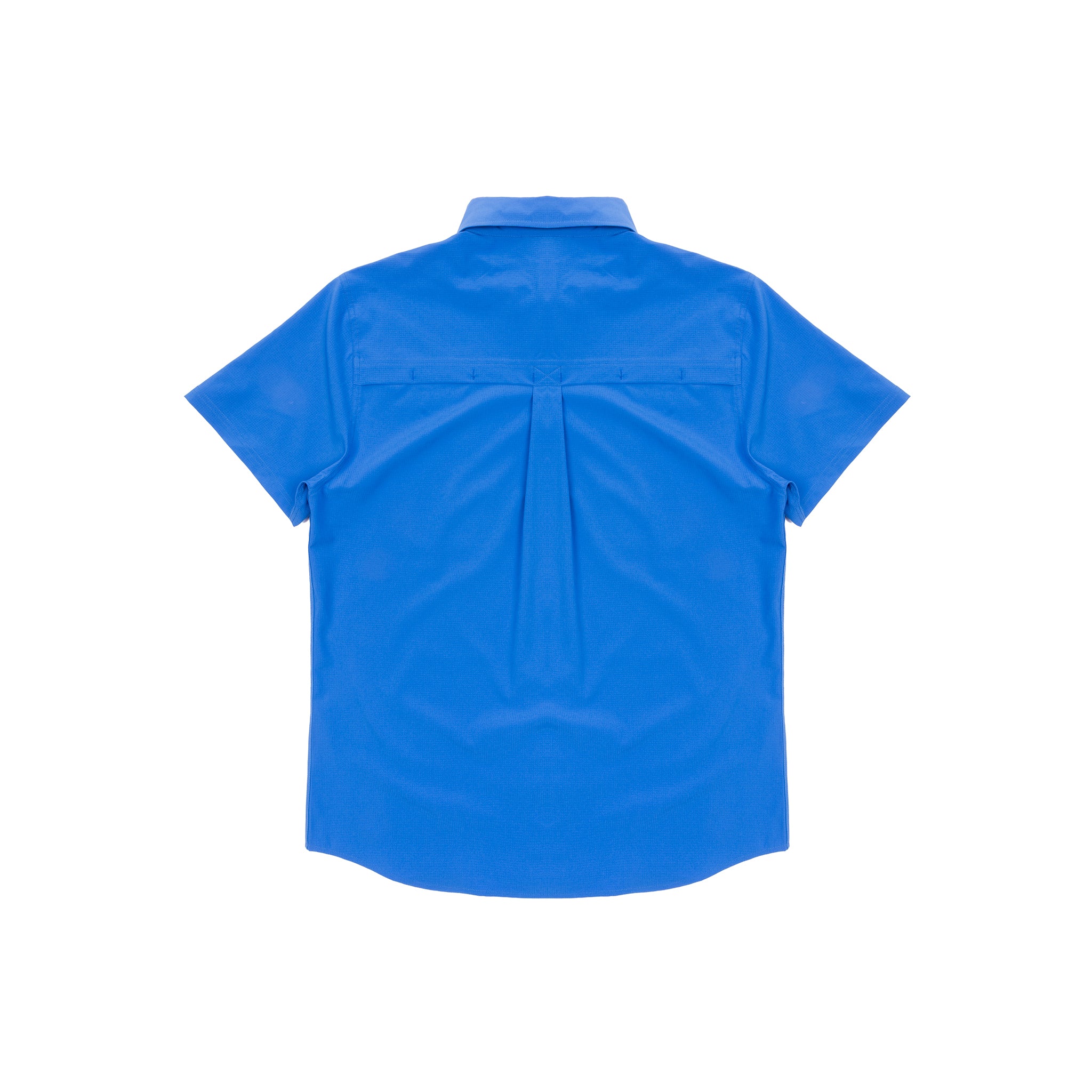 The BOEING Signature Logo Men's Short Sleeve Utility Shirt is shown from the back, laid flat on a white background. This blue button-up offers UPF 50+ sun protection, a center pleat, and a shoulder yoke for comfort and style.