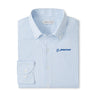 The Peter Millar Boeing Men’s Hanford Twill Sport Shirt features light blue and white checks, a blue embroidered Boeing logo on the chest, premium performance fabric, and "Peter Millar" on the collar label.