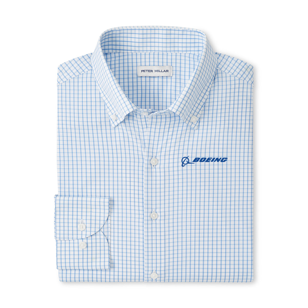 The Peter Millar Boeing Men’s Hanford Twill Sport Shirt features light blue and white checks, a blue embroidered Boeing logo on the chest, premium performance fabric, and "Peter Millar" on the collar label.