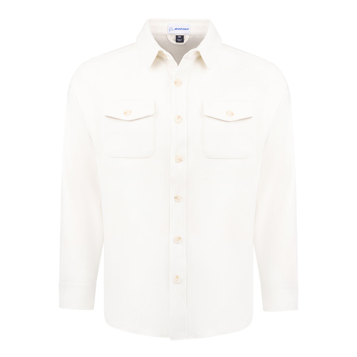 The Boeing Unisex Journey Overshirt by BOEING is a white, long-sleeve, spandex-blend button-up with two chest pockets and a collar, shown on a plain white background.
