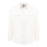 The Boeing Unisex Journey Overshirt by BOEING is a white, long-sleeve, spandex-blend button-up with two chest pockets and a collar, shown on a plain white background.