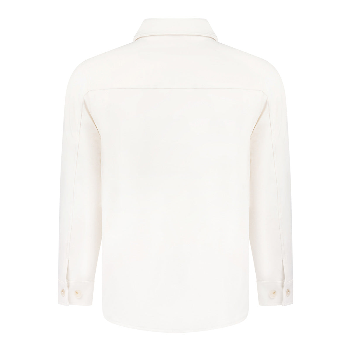 Back view of the Boeing Unisex Journey Overshirt by BOEING: a long-sleeve, off-white spandex blend with collar, buttoned cuffs, shoulder yoke, and subtle Boeing logo detailing.