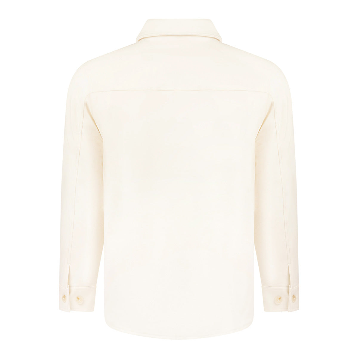 Back view of the off-white, long-sleeved Boeing Unisex Journey Overshirt featuring a collar, button-down front, and cuffs in a stretch fleece fabric.