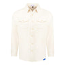 Off-white stretch fleece Boeing Unisex Journey Overshirt featuring a pointed collar, long sleeves, two chest pockets, and a blue logo tag on the lower hem.