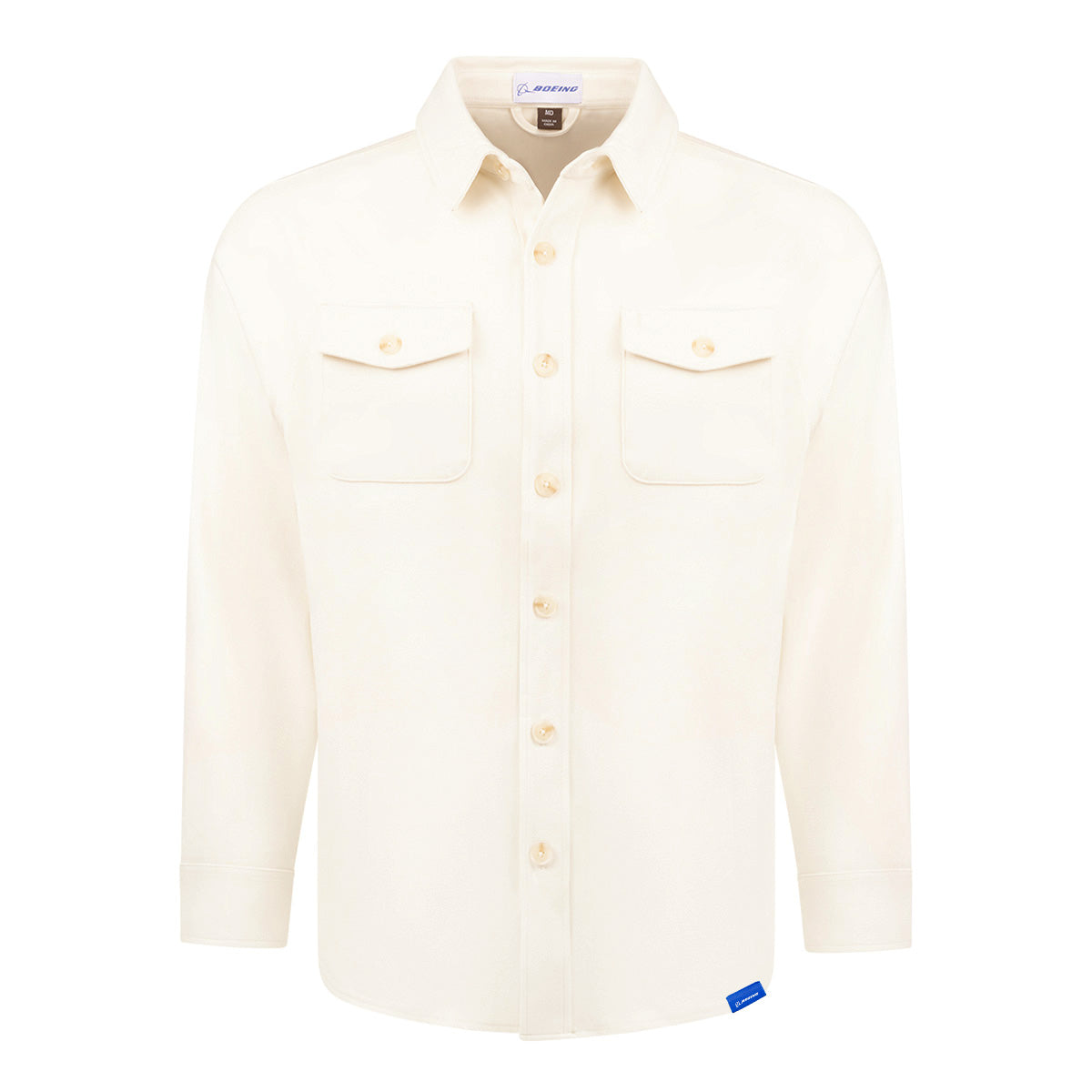 Off-white stretch fleece Boeing Unisex Journey Overshirt featuring a pointed collar, long sleeves, two chest pockets, and a blue logo tag on the lower hem.