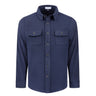 BOEING Boeing Unisex Journey Overshirt in navy blue spandex blend, features long sleeves, button-up front, a collar, and two flap chest pockets, shown on a white background.
