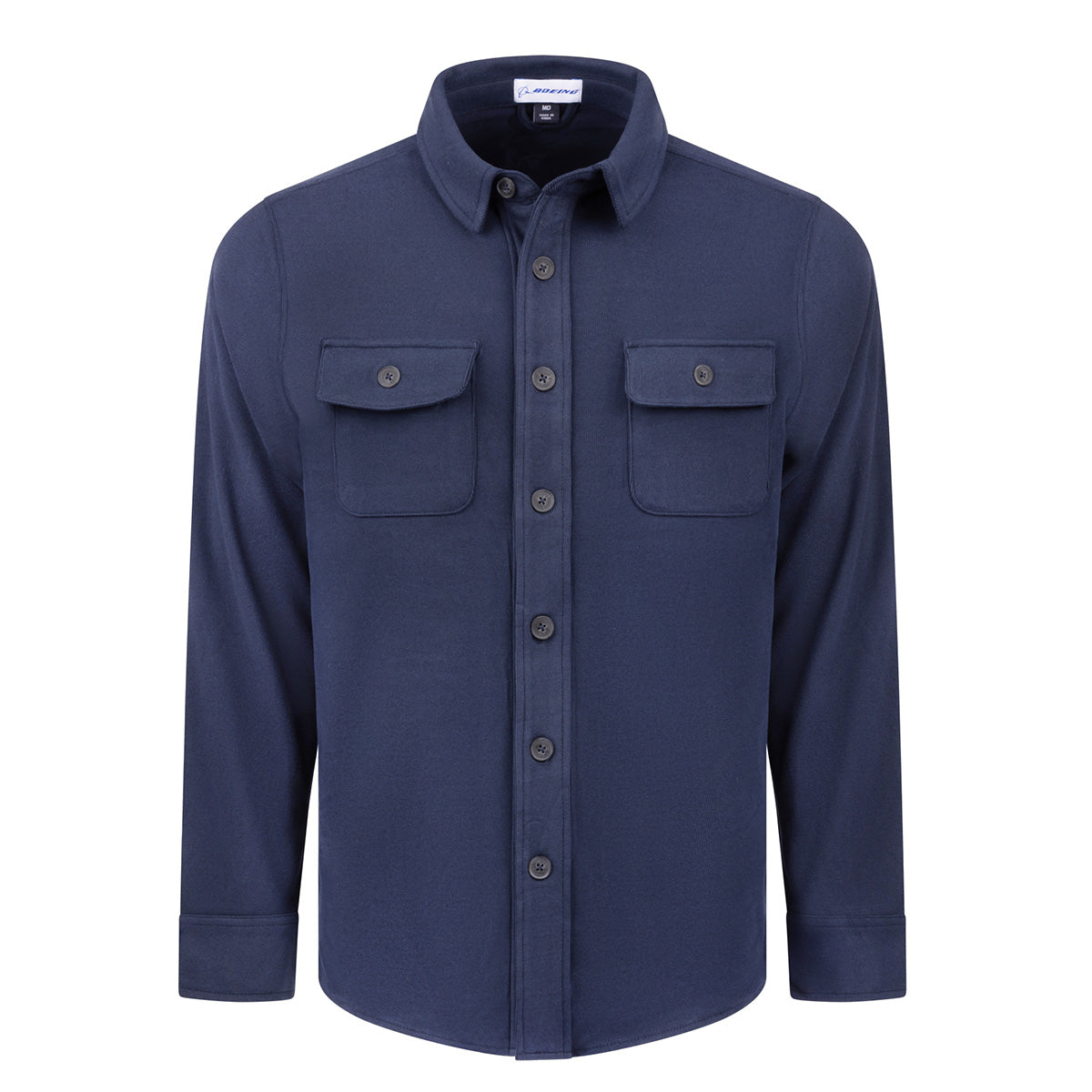 BOEING Boeing Unisex Journey Overshirt in navy blue spandex blend, features long sleeves, button-up front, a collar, and two flap chest pockets, shown on a white background.