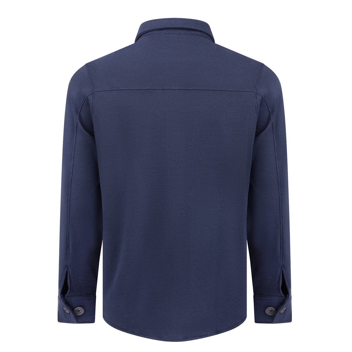 The Boeing Unisex Journey Overshirt by BOEING is shown from the back in navy blue, featuring a collar, buttoned cuffs, and crafted from a comfortable spandex blend.