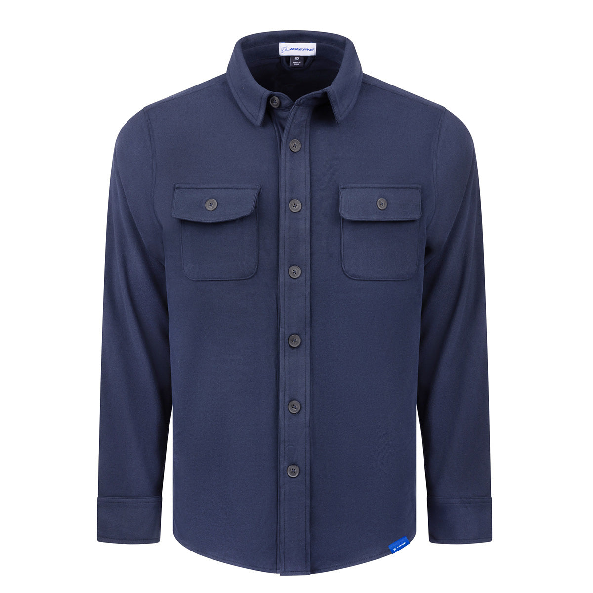 Navy blue long-sleeved Boeing Unisex Journey Overshirt with a collar, two chest pockets, and a Boeing logo.