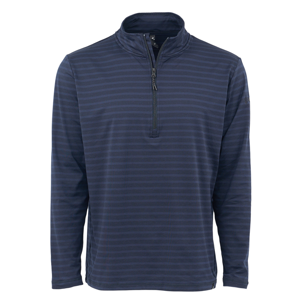 The Glyder Boeing Men’s Tahoe Quarter-Zip by BOEING features navy blue AIRFLEX fabric, subtle horizontal stripes, a stand-up collar, and long sleeves. Shown on a plain white background.