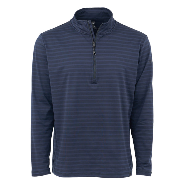 The Glyder Boeing Men’s Tahoe Quarter-Zip by BOEING features navy blue AIRFLEX fabric, subtle horizontal stripes, a stand-up collar, and long sleeves. Shown on a plain white background.