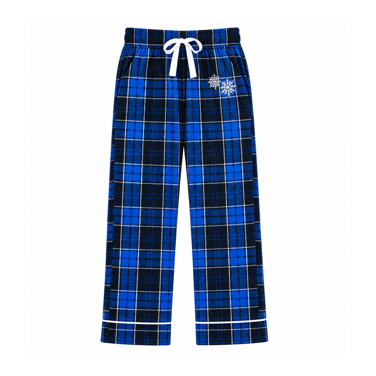 BOEING 2026 Jet Snowflake Women’s Flannel Pajama Pants in blue and black tartan plaid, featuring a white drawstring and two white embroidered snowflakes near the left pocket.